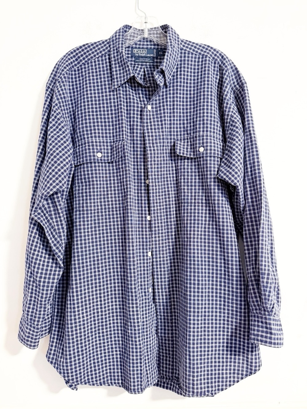 Polo Ralph Lauren Whitfield Plaid Button Down Shirt Linen Blend Blue White XL